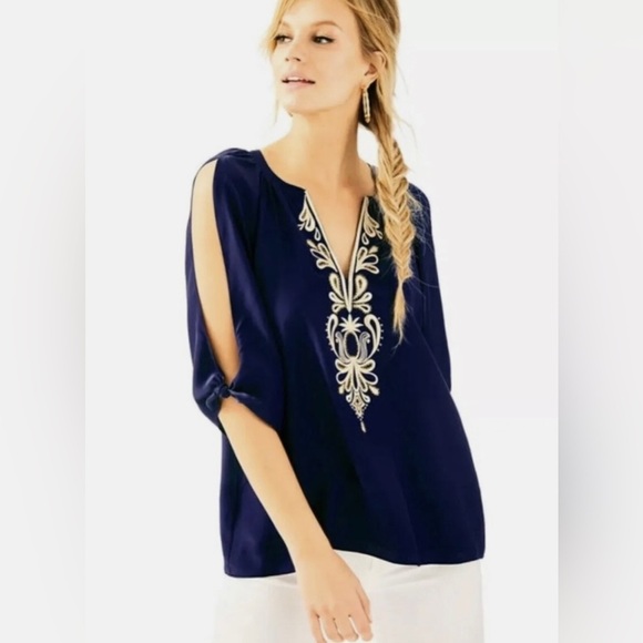 Lilly Pulitzer Tops - Lilly Pulitzer Bryce Top True Navy 100% Silk Size Small